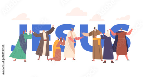 Jesus Christ And People Concept. Messiah Teachings Or Sermon, Christian Theology And Philosophy For Community