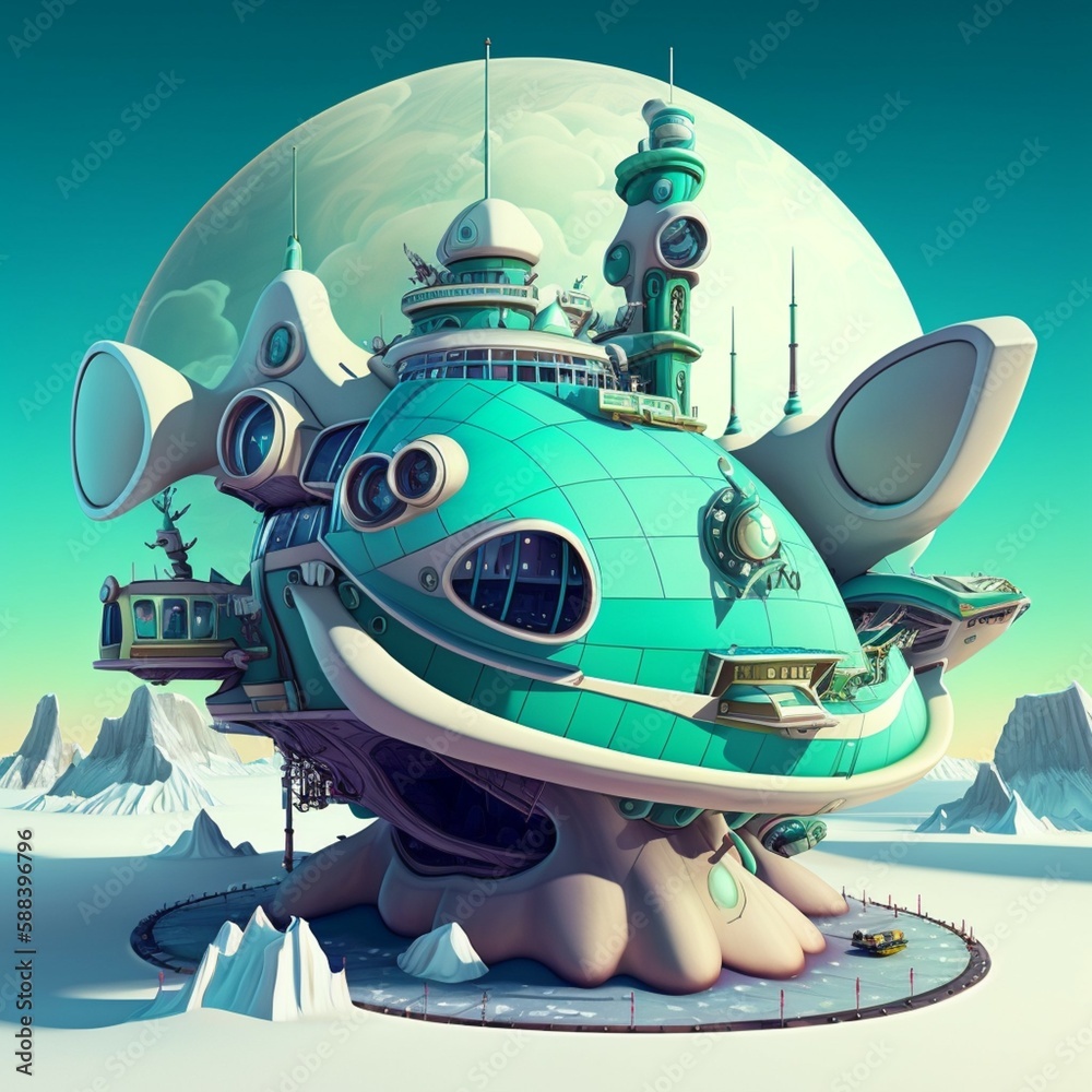 Futuristic Turtle spaceship home with snow and moon (ai generated) Futuristic Turtle spaceship home with snow and moon (ai generated)