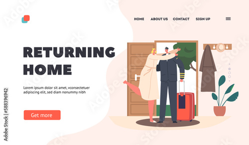 Returning Home Landing Page Template. Happy Wife Meet Pilot Husband At Home. Couple Embrace, Woman Hug Man in Uniform
