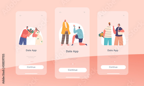 Date Mobile App Page Onboard Screen Template. Man Gives Flowers To Woman In A Romantic Gesture, Love