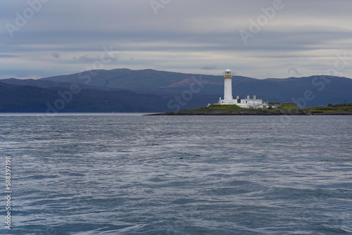 Lismore Lighthouse on Eilean Musdile in Scotland. It is a lighthouse on a small islet in the south west of Lismore island.