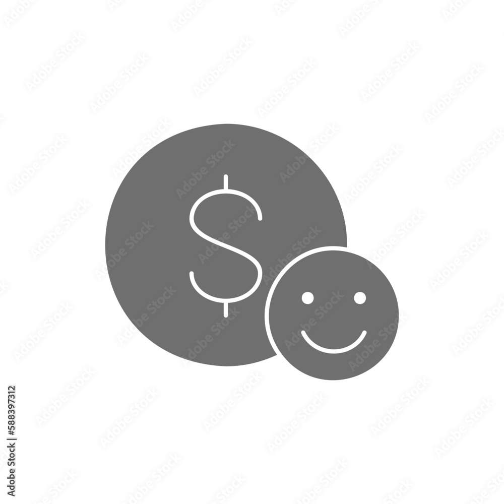 Coin with happy face, money insurance, like, positive feedback grey fill icon. Finance, payment, invest finance symbol design. Coin with happy face, money insurance, like, positive feedback grey fill icon. Finance, payment, invest finance symbol design.