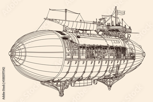 Fantastic steampunk airship. Figure isolated on beige background.