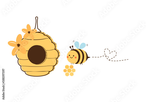 Bee house, beehive honey sign with cute bee cartoons on white background vector illustration.