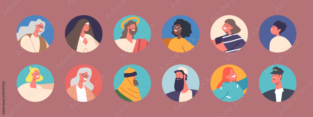Set Of Diverse People Avatars, Isolated Round Icons Of Senior And Young, Saint Mary, Jesus Christ And Magi