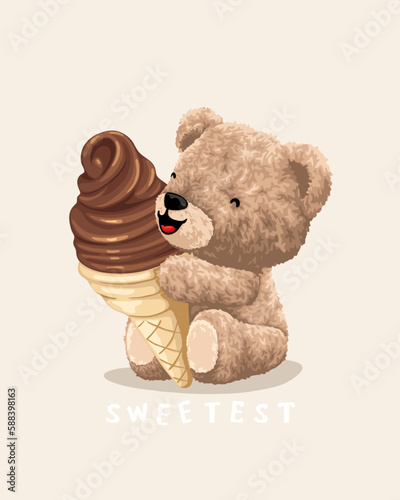 Vector illustration of cute teddy bear holding ice cream