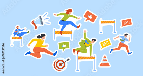 Set of Stickers Business People Competing In Race With Obstacles. Teamwork, Leadership, Overcoming Adversity