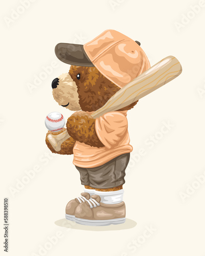 Vector illustration of cute teddy bear in baseball uniform with baseball bat and ball