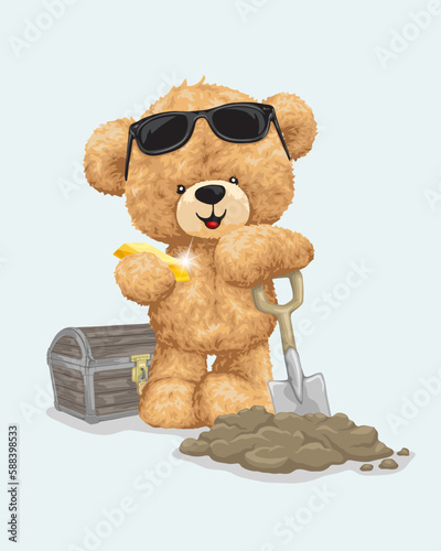Vector illustration of teddy bear holding gold, digging treasure with shovel