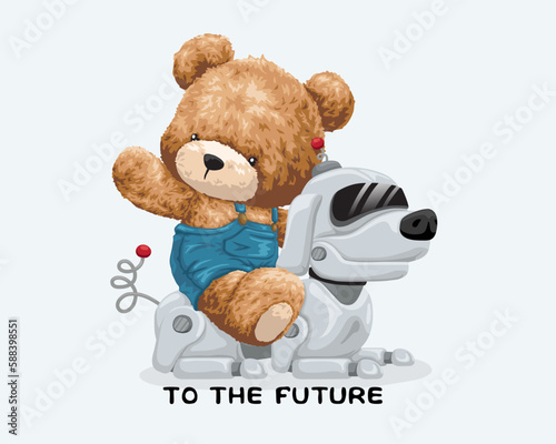 Vector illustration of cute teddy bear riding dog robot