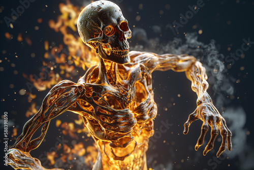 Glass Skeletons in Fiery Athletic Motion, Surrounded by Water and Glowing Light, Generative AI