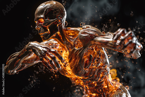 Glass Skeletons in Fiery Athletic Motion, Surrounded by Water and Glowing Light, Generative AI
