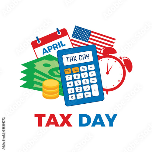 Tax Day in the United States icon vector. Calculator, money, alarm clock, calendar and american flag icon set vector isolated on a white background. Income tax returns in april. Important day