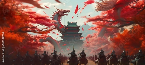 Chinese mythology theme dragon set up an army Generative AI
