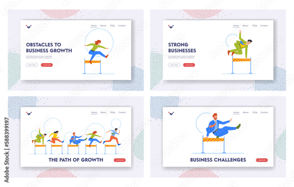 Business Growth Landing Page Template Set. People Running, Male Female Characters Competing In Race With Obstacles
