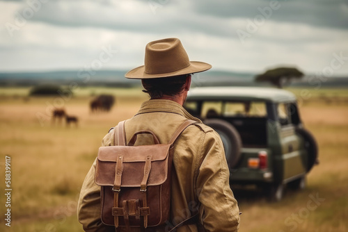 Traveler man on a safari in Africa, view from behind. Wilderness, truck, hat and a backpack. High quality generative ai