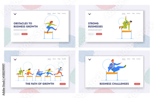 Business Growth Landing Page Template Set. People Running, Male Female Characters Competing In Race With Obstacles