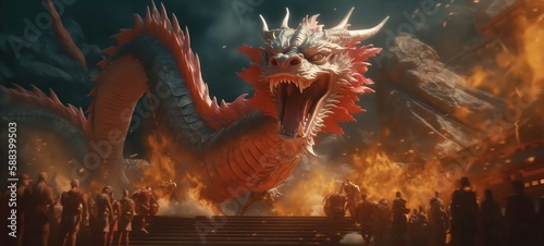Chinese mythology theme dragon is fighting against an army Generative AI © Ralf