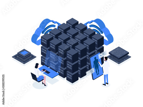Using artificial intelligence for medical data mining, a powerful tool for analyzing large amounts of data to improve healthcare outcomes. Artificial intelligence in healthcare isometric illustration.
