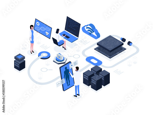 Doctors and researchers using innovative technologies for medicine and healthcare: artificial intelligence in healthcare isometric illustration