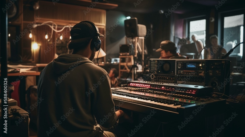 A DJ from behind in the middle of a live recording session, with musicians playing instruments in the background and a recording booth visible through the window Generative AI