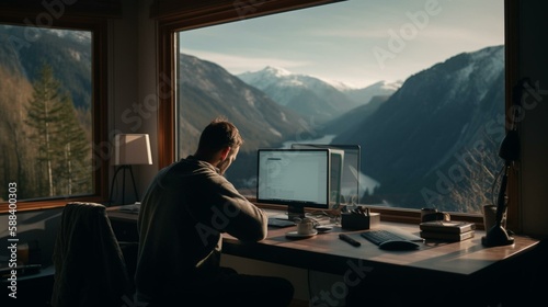 A man sitting at his desk in front of a window, working on a computer with a beautiful natural landscape view Generative AI