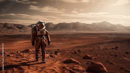 An astronaut standing on the surface of Mars, with the barren red landscape stretching out to the horizon and the curved shape of the planet visible in the sky Generative AI