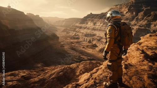 An astronaut standing on the rocky terrain of Venus, with a hazy yellow sky and towering cliffs in the background Generative AI