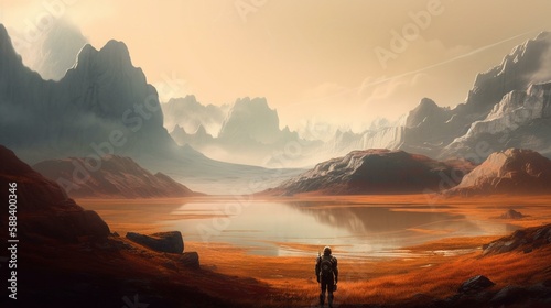 An astronaut exploring the colorful and otherworldly landscape of Titan, one of Saturn's moons, with hydrocarbon lakes and mountains visible in the distance Generative AI