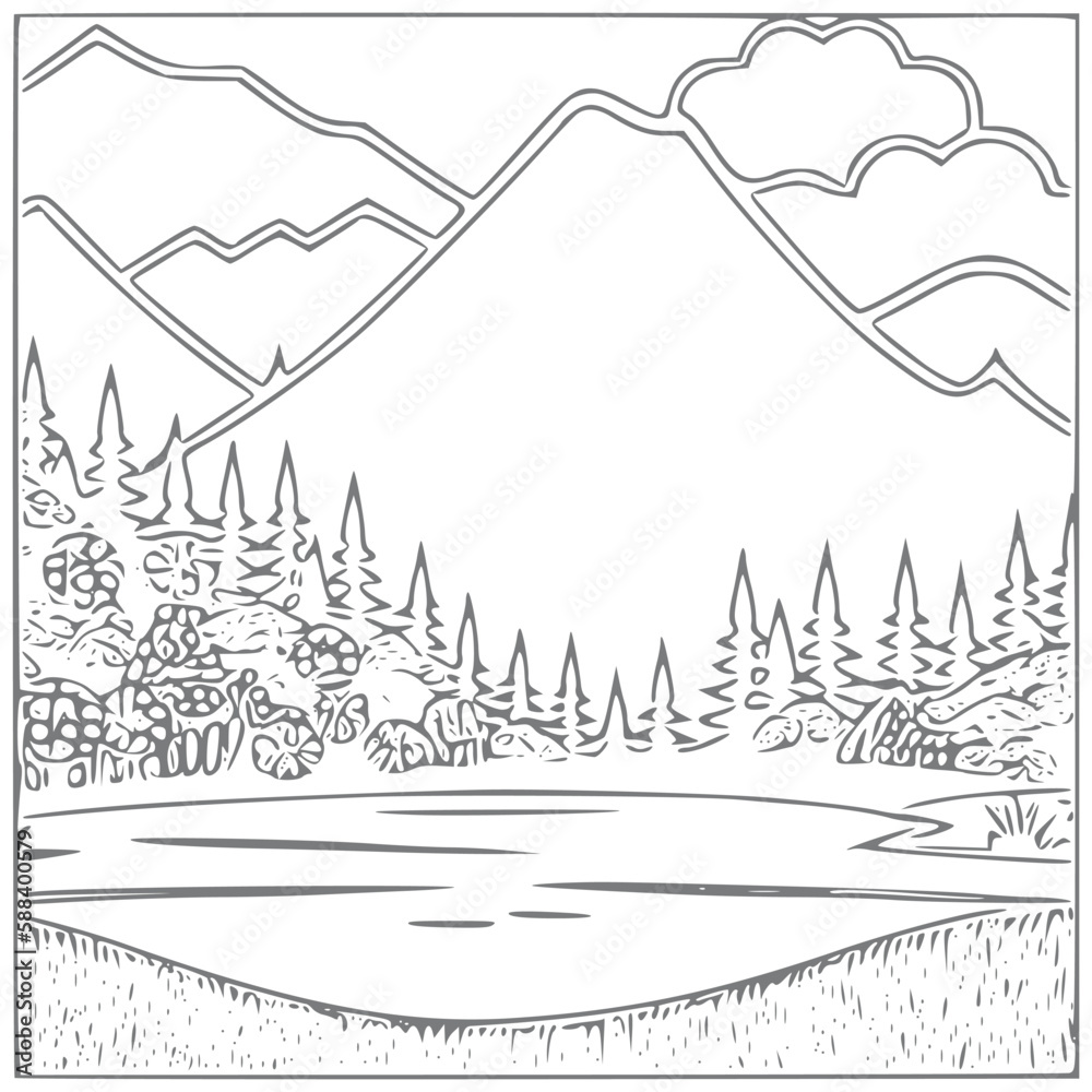 Fototapeta premium Nice Mountain, river and Sky landscape coloring Book. Vector illustration.