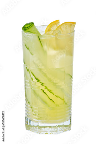 Tall glass of cold lemon and cucumber fruit lemonade