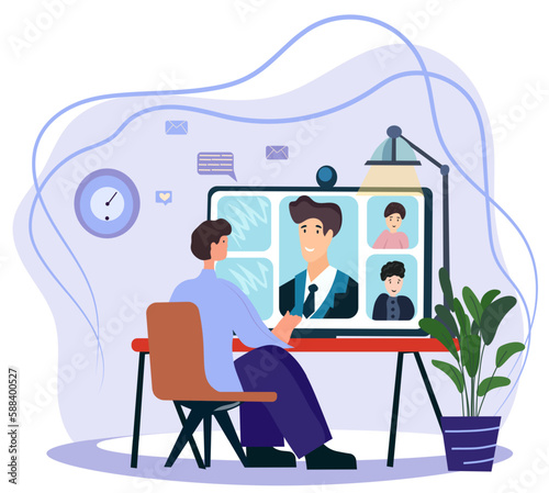 Remote work concept. Professionals engage in a video conference call with team members for an online briefing, participating in a group webcam meeting with colleagues. Flat style vector illustration