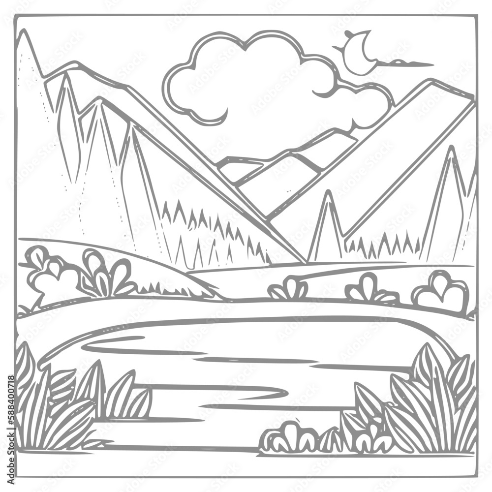 Fototapeta premium Nice Mountain, river and Sky landscape coloring Book. Vector illustration.