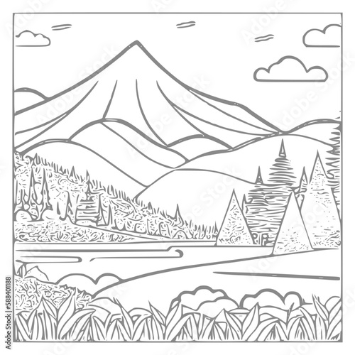 Nice Mountain  river and Sky landscape coloring Book. Vector illustration.