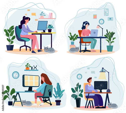 A depiction of the home office theme, featuring a man and women working remotely, engaging in studies or freelancing activities. Adorable vector illustration in a flat design style