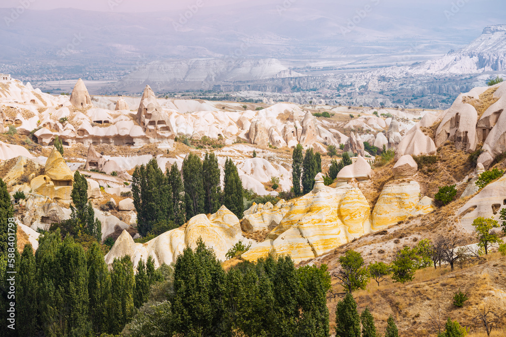 Aerial view of a fairy chimneys geological formations in Turkish wonder - Cappadocia