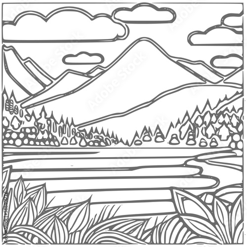 Nice Mountain  river and Sky landscape coloring Book. Vector illustration.