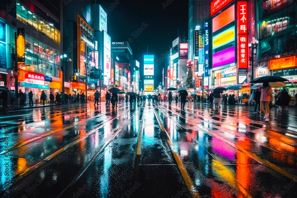 Shibuya crossing in Tokyo, neon night city colors. Generative AI