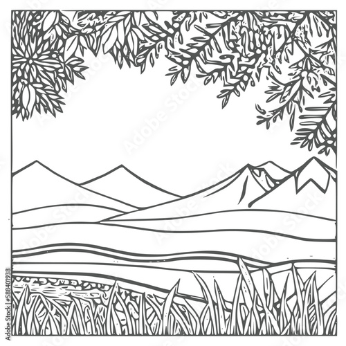 Nice Mountain  river and Sky landscape coloring Book. Vector illustration.