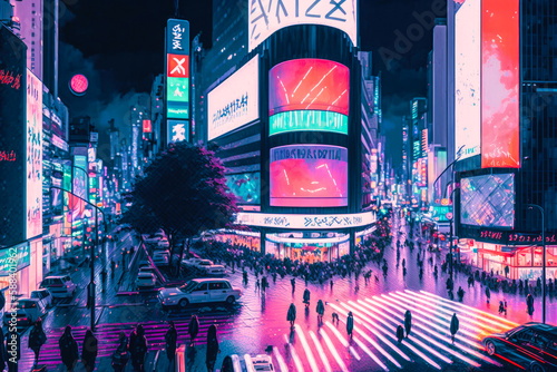 Shibuya crossing in Tokyo, neon night city colors, illustration. Generative AI photo