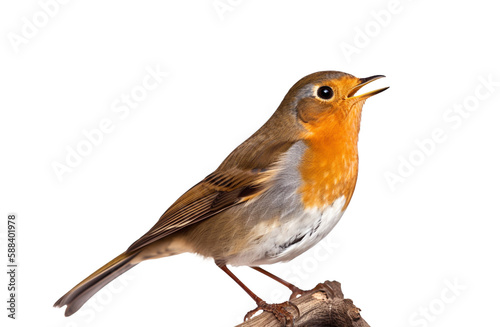 European robin singing looking left isolated on transparent background, png, Created using generative AI tools.