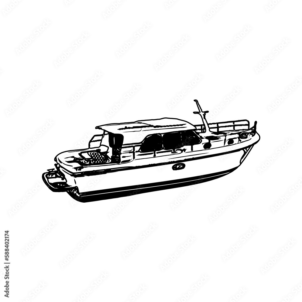 black and white sketch of a boat with transparent background