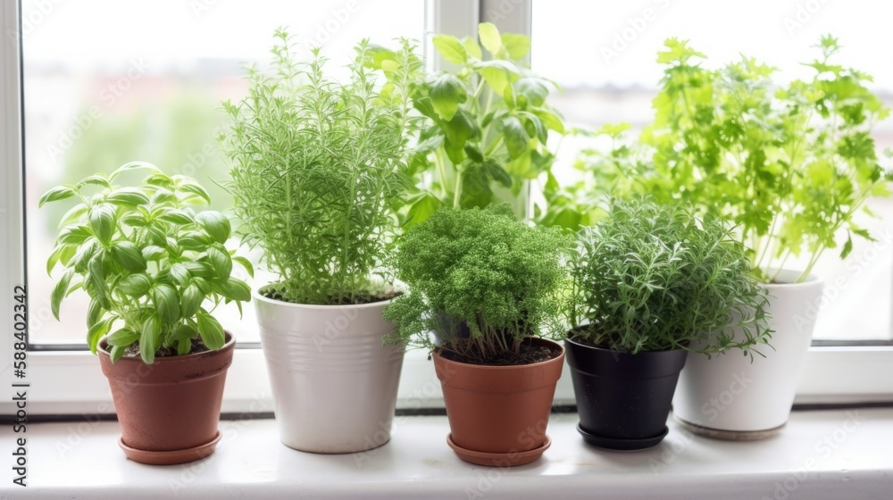 Different aromatic potted herbs on windowsill indoors. Generative AI.