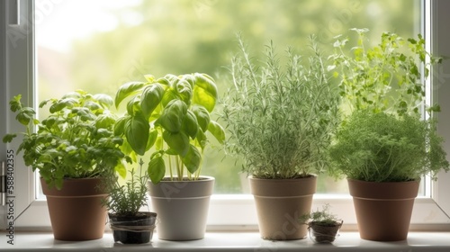 Fototapeta Naklejka Na Ścianę i Meble -  Different aromatic potted herbs on windowsill indoors. Generative AI.