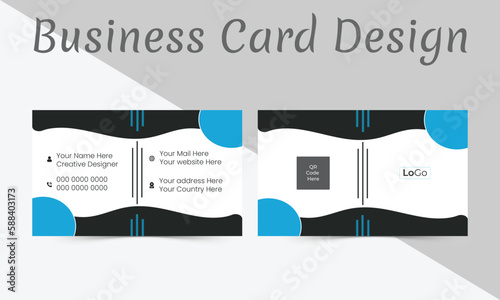 Creative and Clean Business card Template .Black and Blue color theme with QR code holder .Horizontal orientation .Vector illustration print template