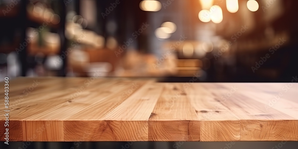 Wooden board empty Table Top And Blur Interior over blur in coffee shop Background, Mock up for display of product by ai generative