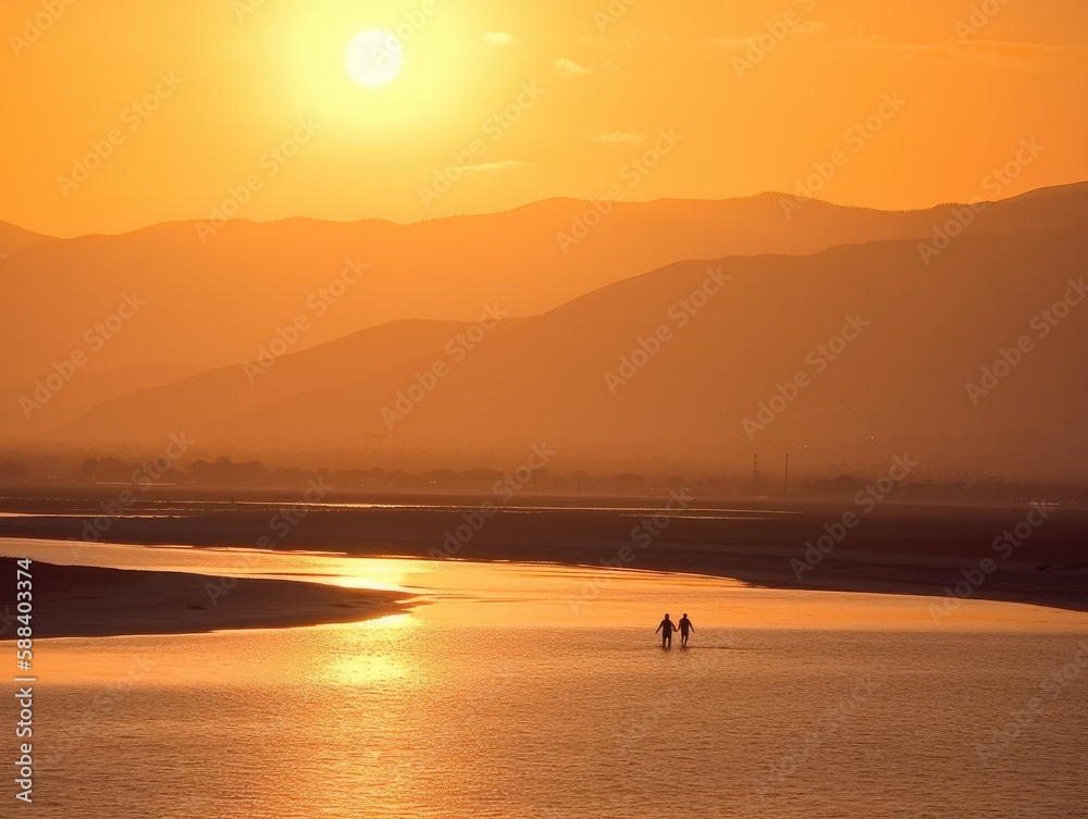 Zwei Menschen an einem einsamen Strand vor atemberaubenden Sonnenuntergang, Generative AI