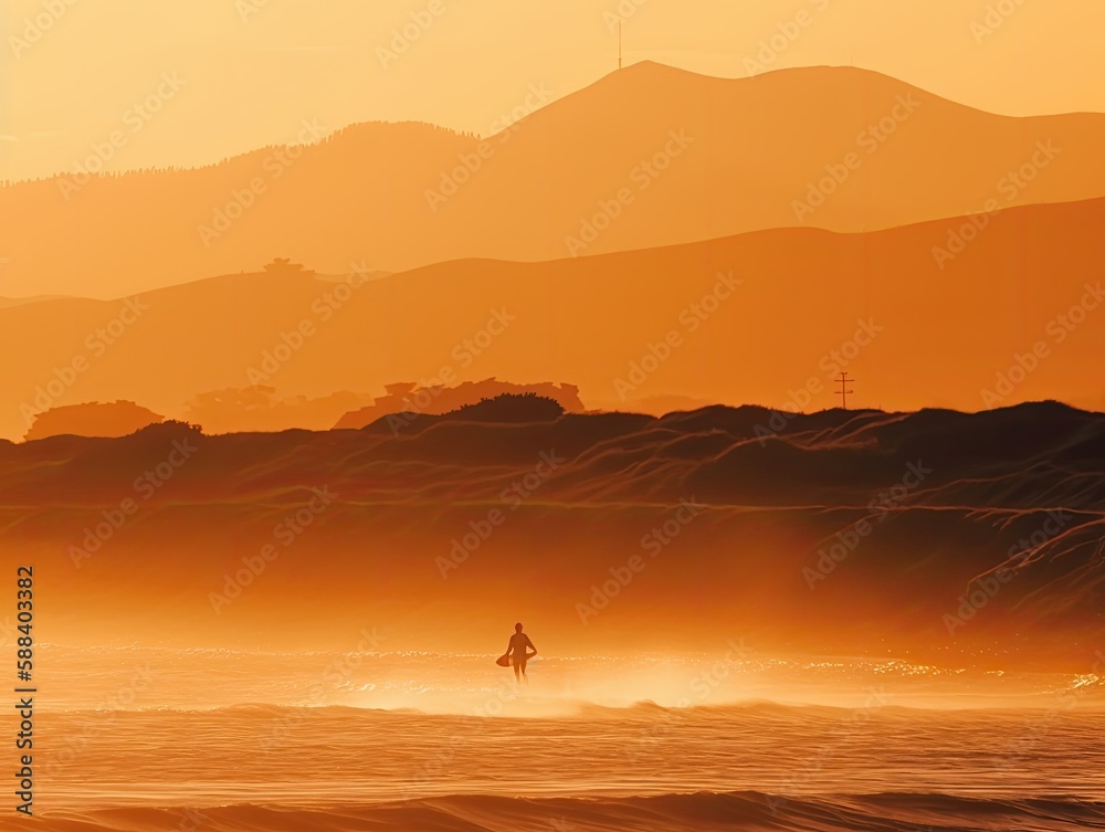 Surfer an einem einsamen Strand vor atemberaubenden Sonnenuntergang, Generative AI Surfer an einem einsamen Strand vor atemberaubenden Sonnenuntergang, Generative AI