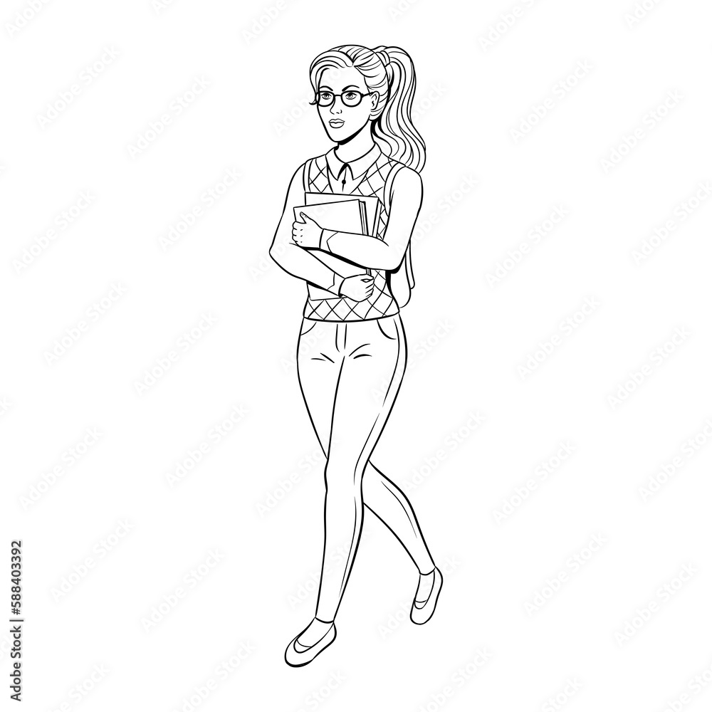 Nerd student girl coloring book PNG illustration with transparent background Nerd student girl coloring book PNG illustration with transparent background