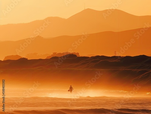 Surfer an einem einsamen Strand vor atemberaubenden Sonnenuntergang, Generative AI